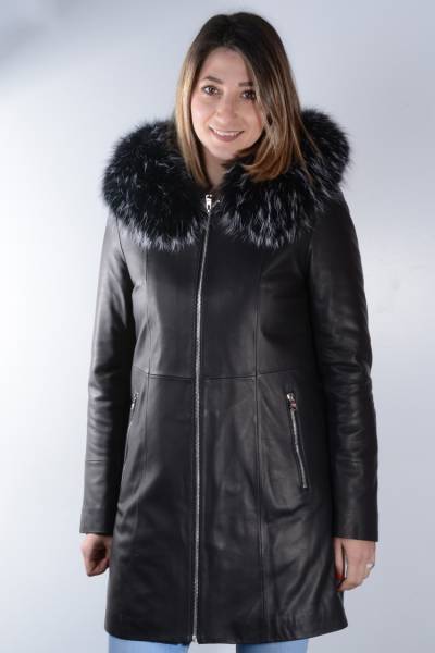 manteau cuir noir capuche fourrure Giovanni femme