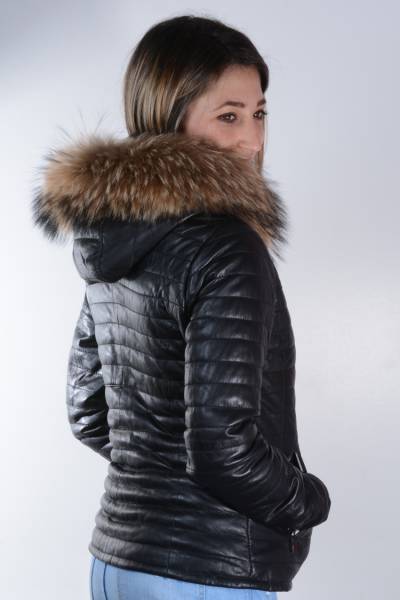 veste doudoune cuir noir capuche