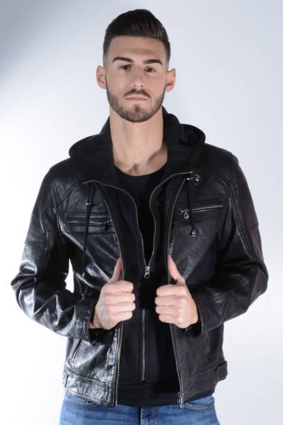 blouson cuir noir capuche homme